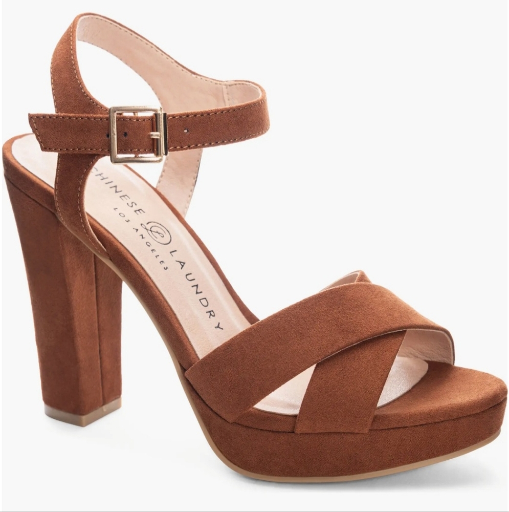 NWT Chinese Laundry Always Ankle Strap Block Heel Platform Sandal Brown Size 7.5